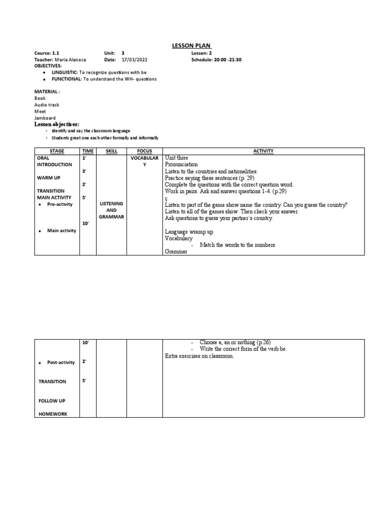 LESSON PLAN 1.1 Activities | PDF