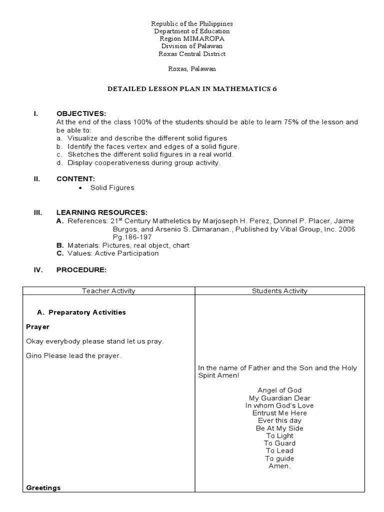Grade 6 Lesson Plan on Solid Figures | PDF | Shape | Rectangle