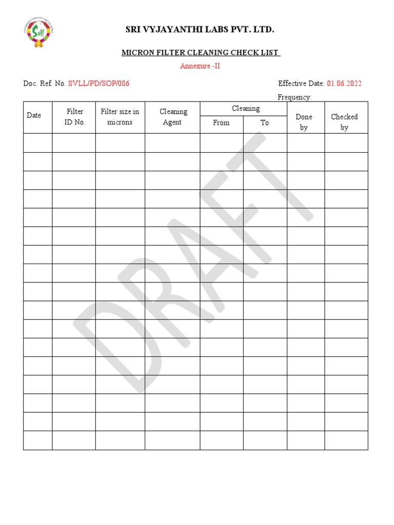 Micron Filter Cleaning Check List AnnexureII PDF