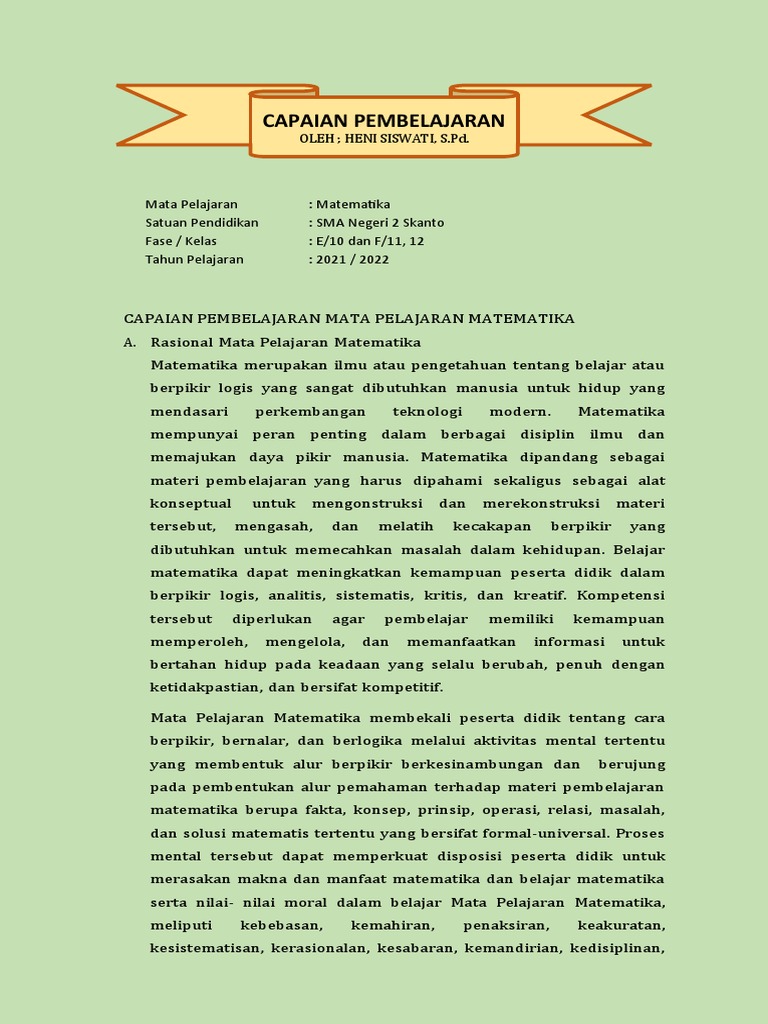 Capaian Pembelajaran Matematika SMA | PDF | Metode & Bahan Ajar | Seni