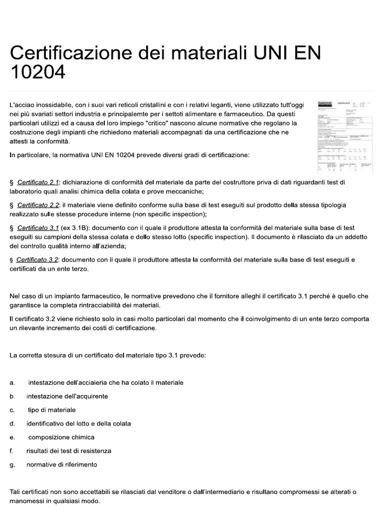 Certificazione dei materiali uni en 10204 pdf