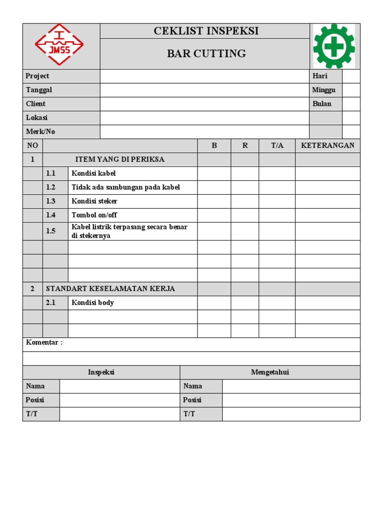 Ceklist Inspeksi Bar Cutting dan Listrik | PDF