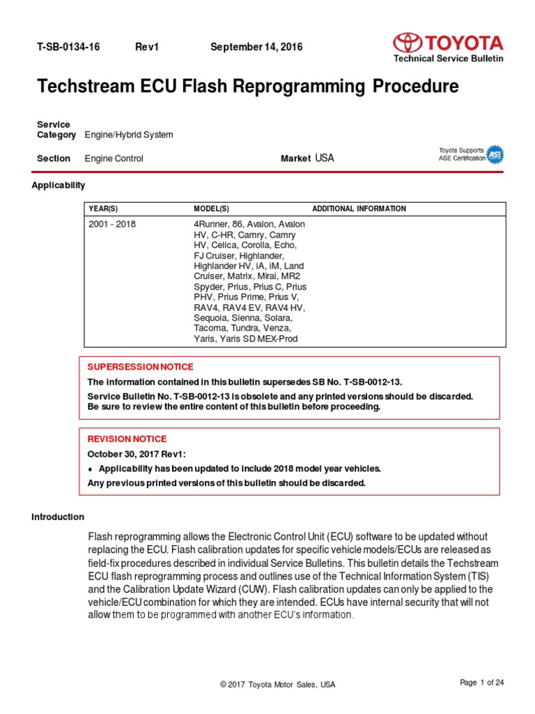 Techstream ECU Flash Reprogramming Procedure TSB013416 Rev1