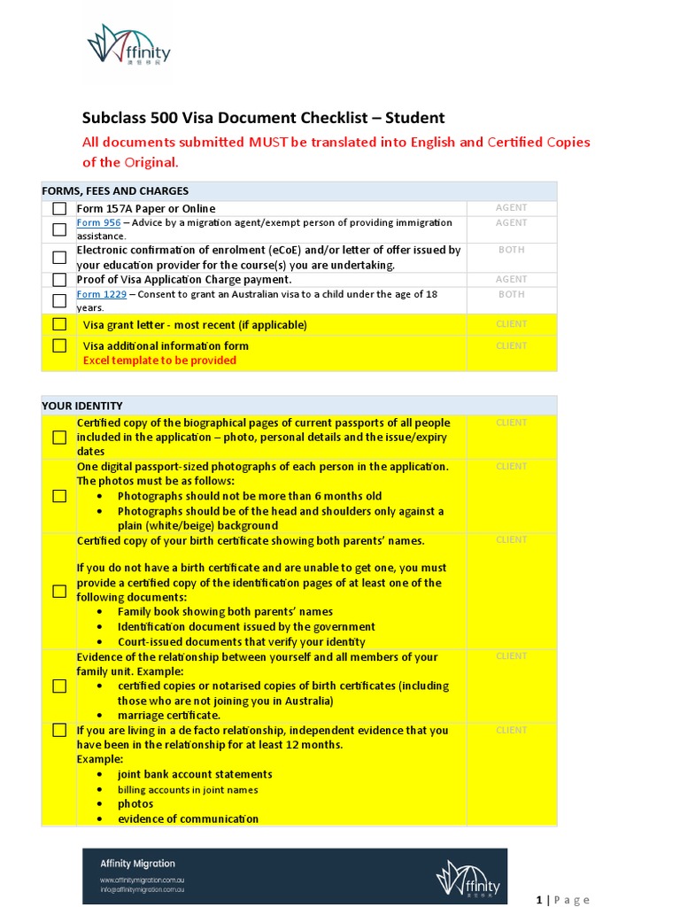 Subclass 500 Visa Document Checklist | PDF | Travel Visa | Identity ...