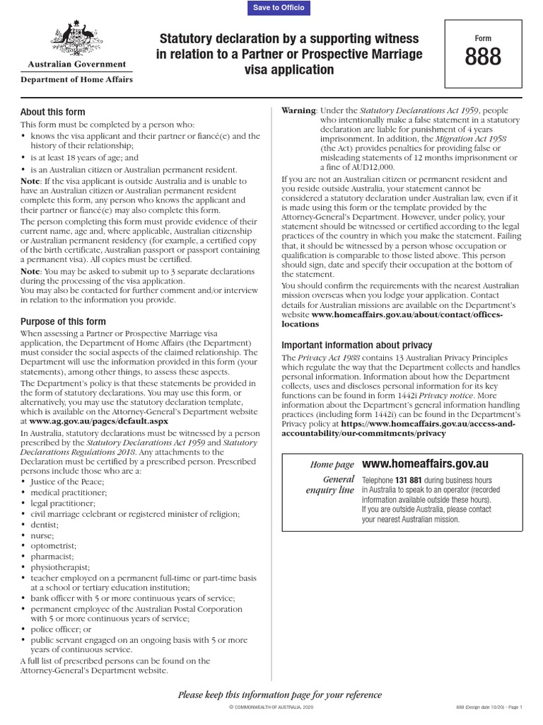 888 Statutory declaration by a supporting witness in relation to a