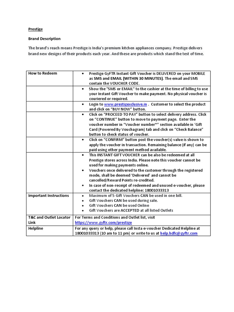 Prestige Brand Description WWW Prestigexclusive.in PDF Gift Card