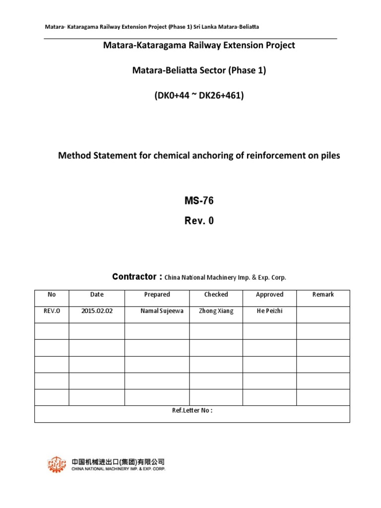 NO.76 Method Statement for Chemical Anchoring of Rebars on Piles Rev