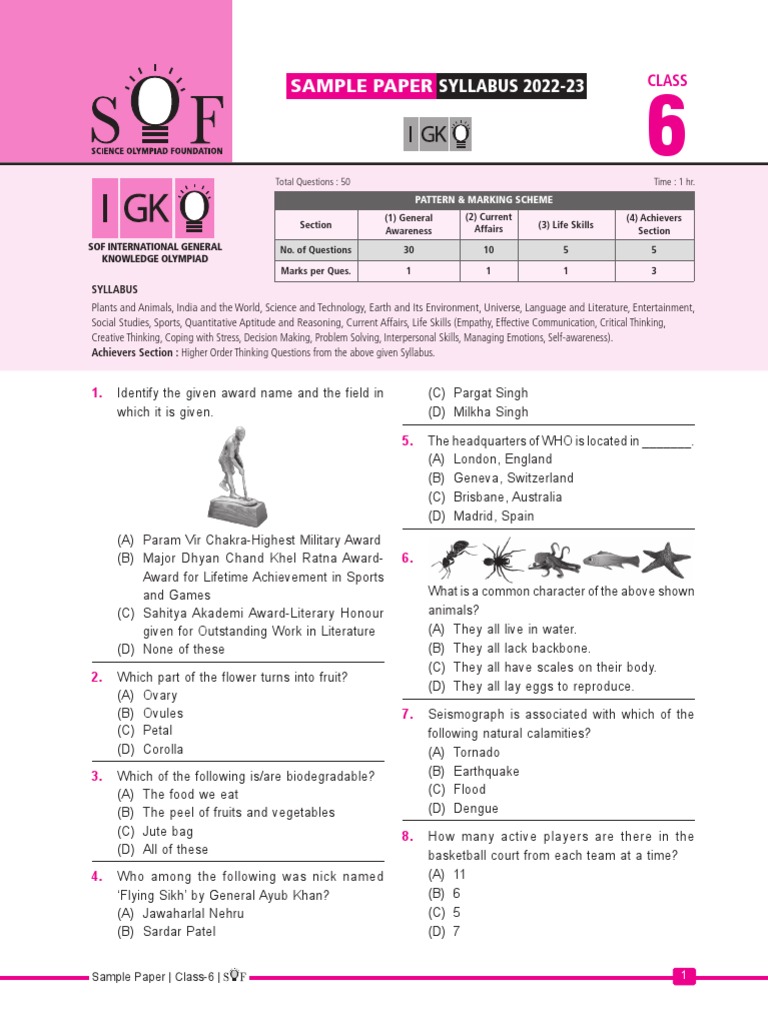 Igko Sample Paper Class-6 | PDF | Cognitive Science | Psychological ...
