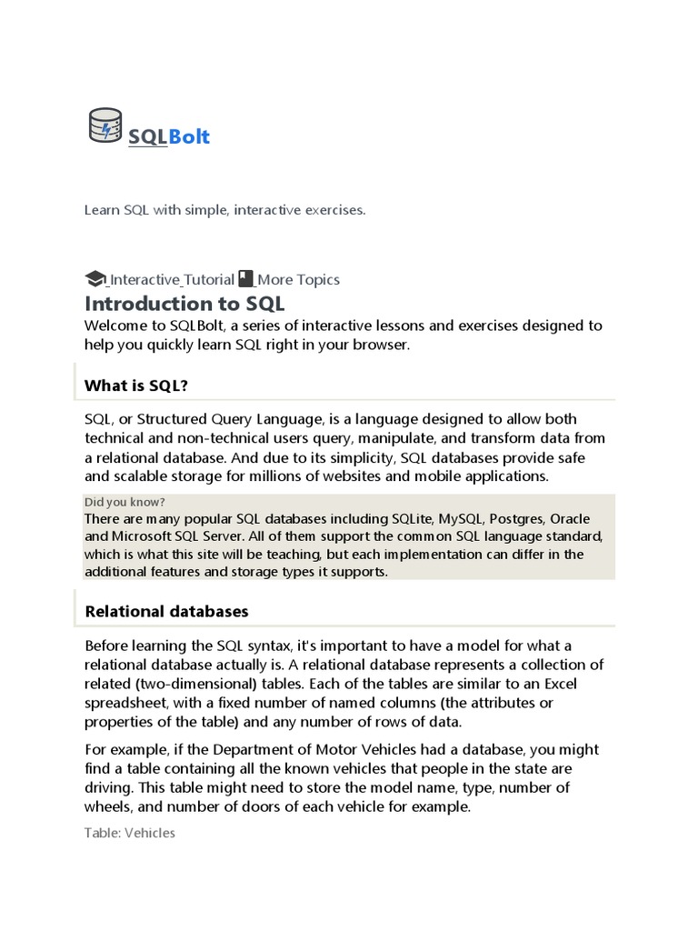 Learn SQL with interactive exercises | PDF | Databases | Sql