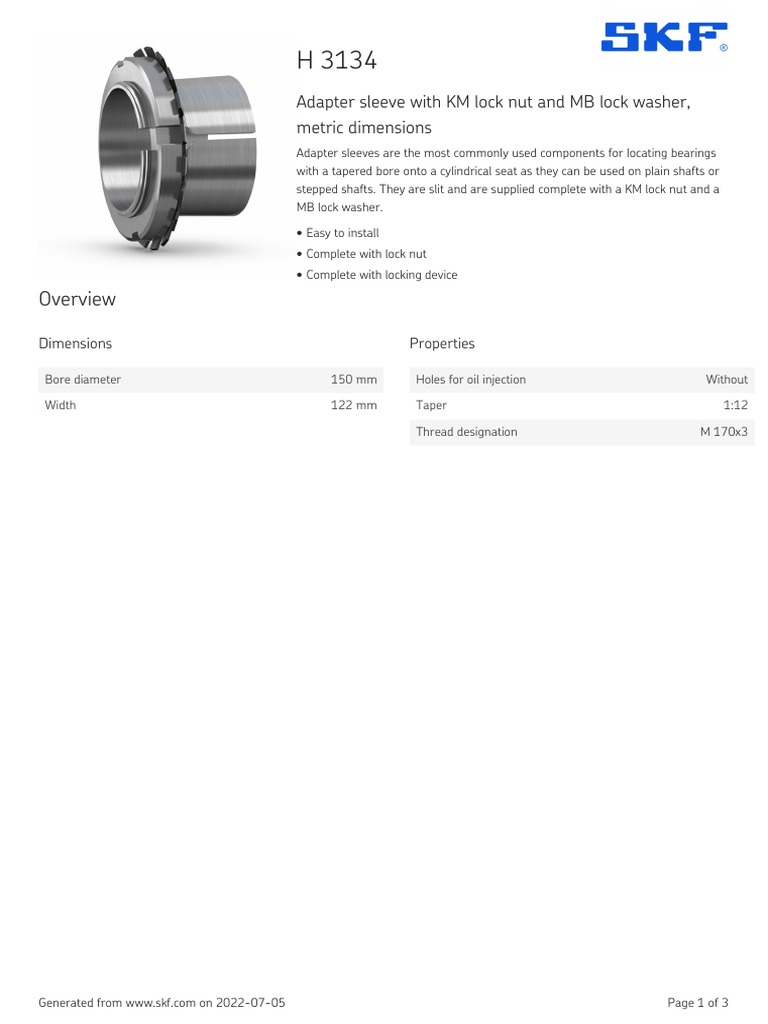 Adapter Sleeve With KM Lock Nut and MB Lock Washer, Metric Dimensions