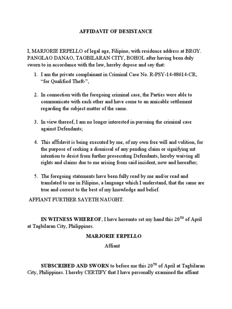 Affidavit of Desistance in Tagalog | PDF