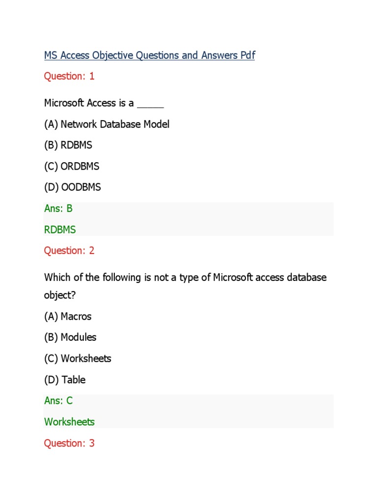 Ms Access Objective Questions Answers | PDF | Teaching Methods ...