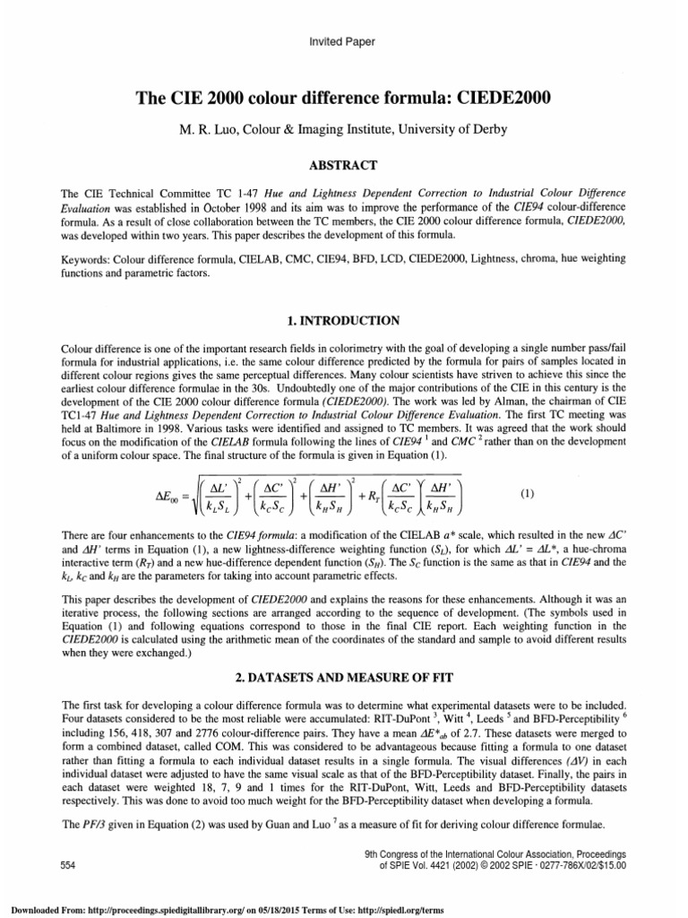 CIE 2000 Colour Difference Formula | PDF | Hue | F Test