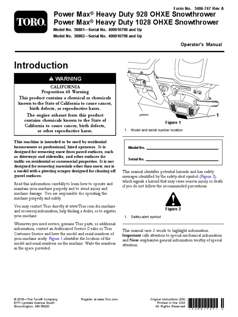 Toro Model 38801 PowerMax 928 OHXE Snowblower Opertor Manual PDF
