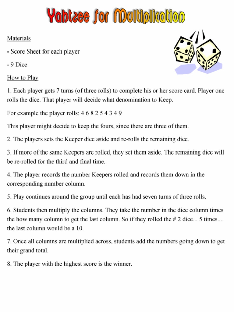 Math Game Yahtzee PDF