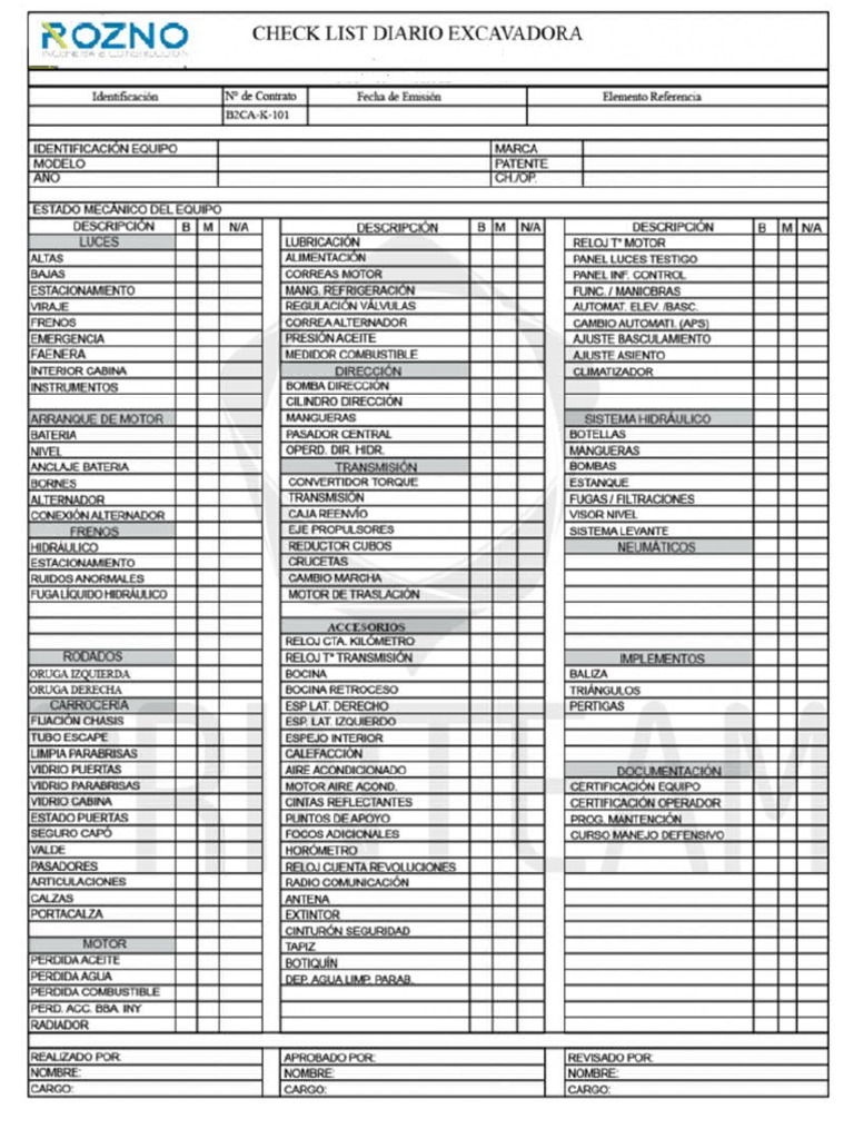Check List de Retroexcavadora | PDF
