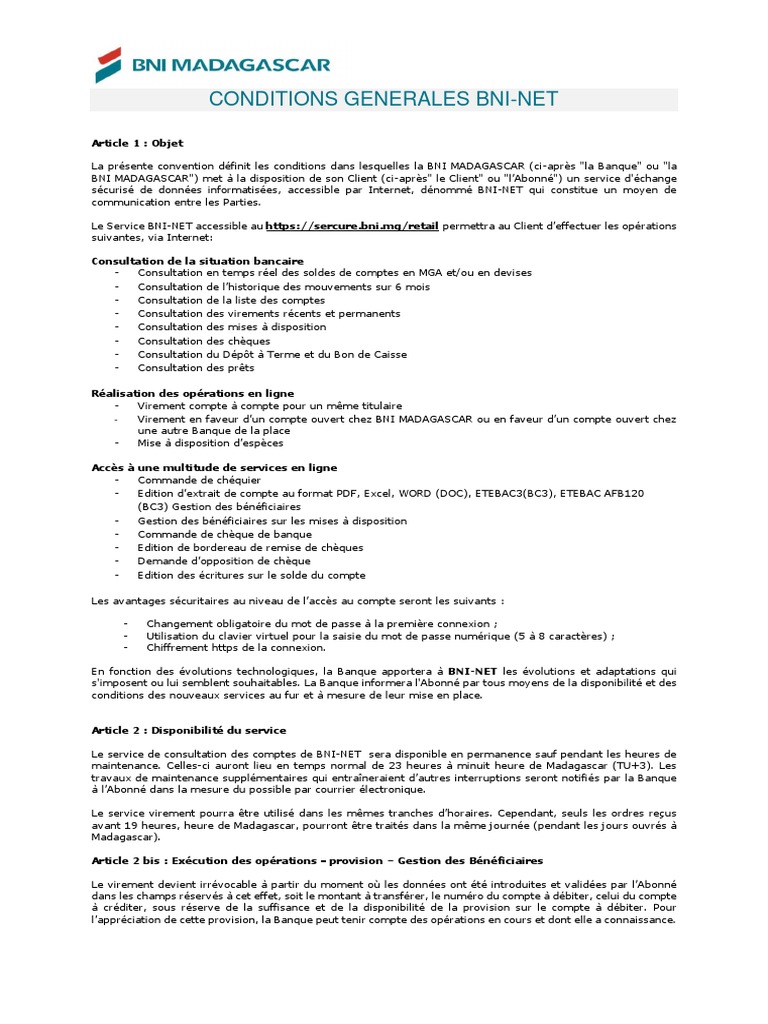 Conditions Générales de BNI-NET | PDF | Arbitrage | Chèque