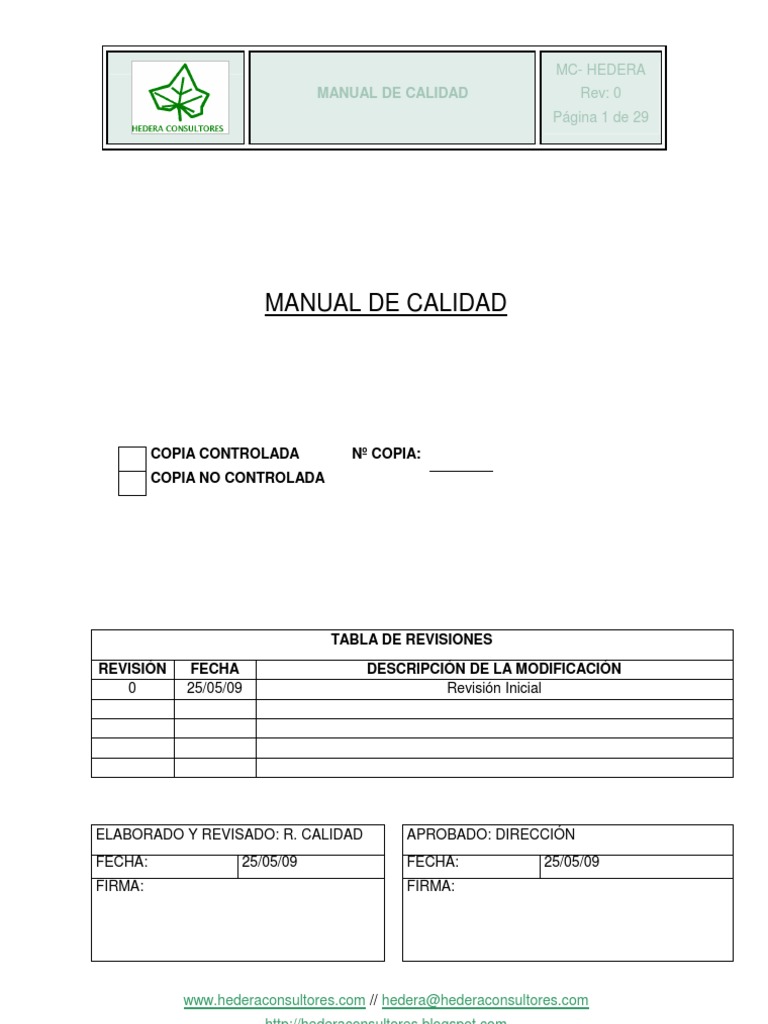 Ejemplo Manual de Calidad ISO 9001 Sistema de manejo de calidad Calidad
