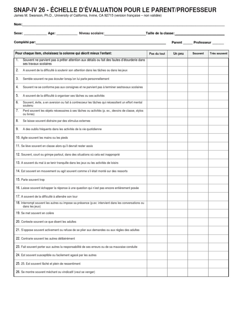 Évaluation SNAP-IV pour enseignants et parents | PDF | Apprentissage