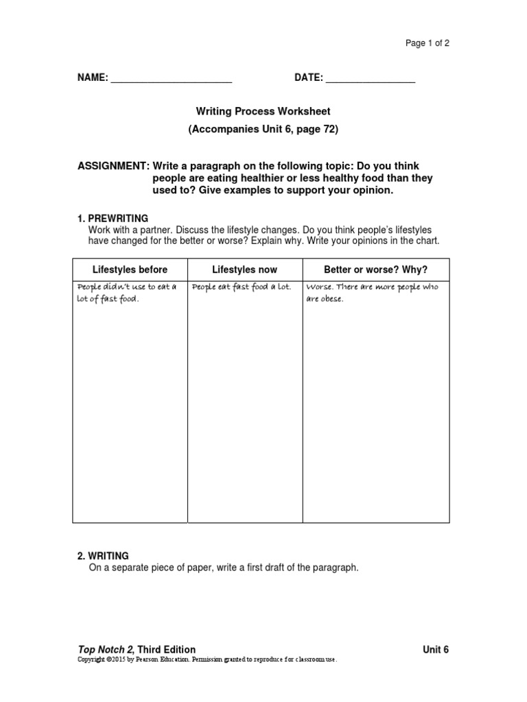 Writing Process Worksheet (Accompanies Unit 6, Page 72) | PDF ...