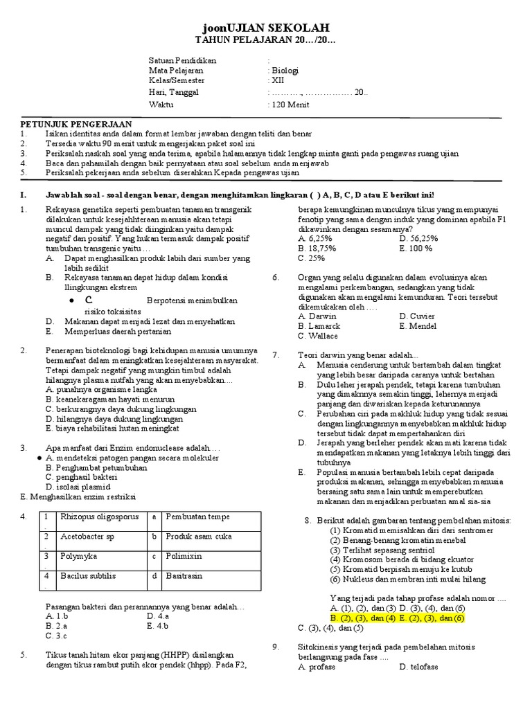 Soal US Biologi Kelas XII PDF