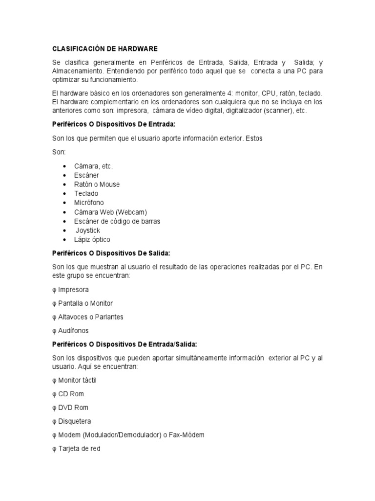 Clasificación de Hardware | PDF | Hardware de la computadora | Periférico
