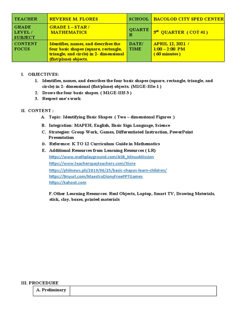 Basic 2D Shapes Lesson Plan For RPMS | PDF | Shape | Senses