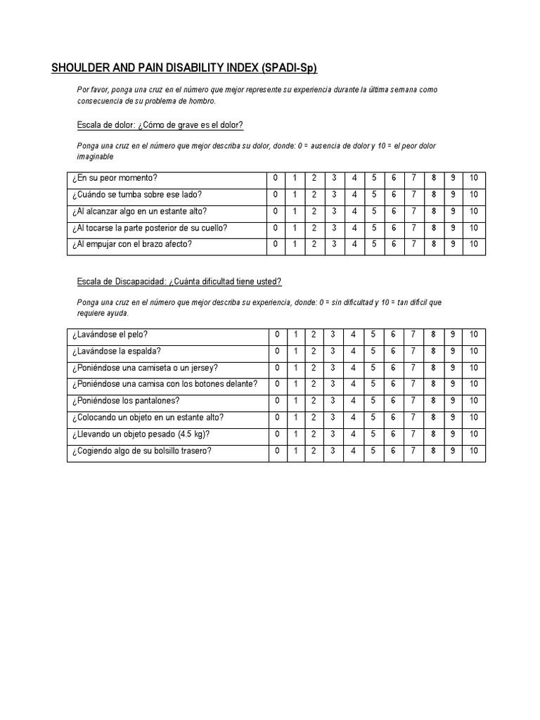 Escala SPADI para Evaluación del Hombro | PDF