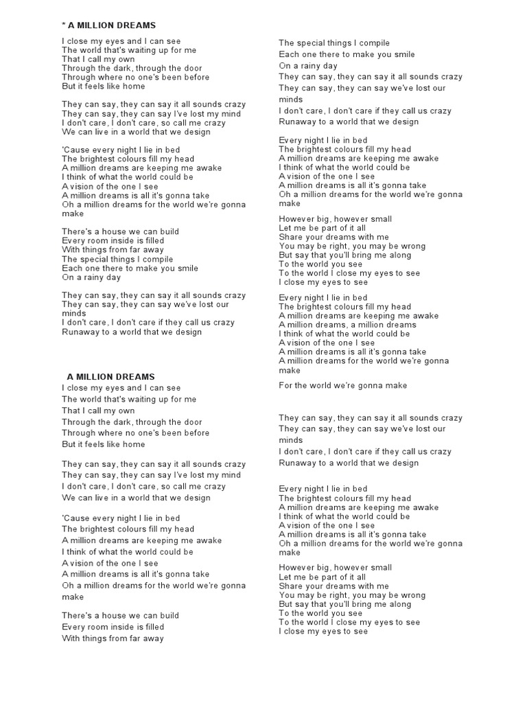A Million Dreams Lyrics | PDF | Dream | Sleep