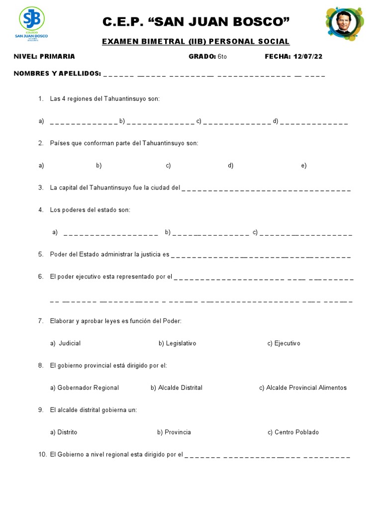 Sexto - Personal Social Examen II Bimestre | PDF