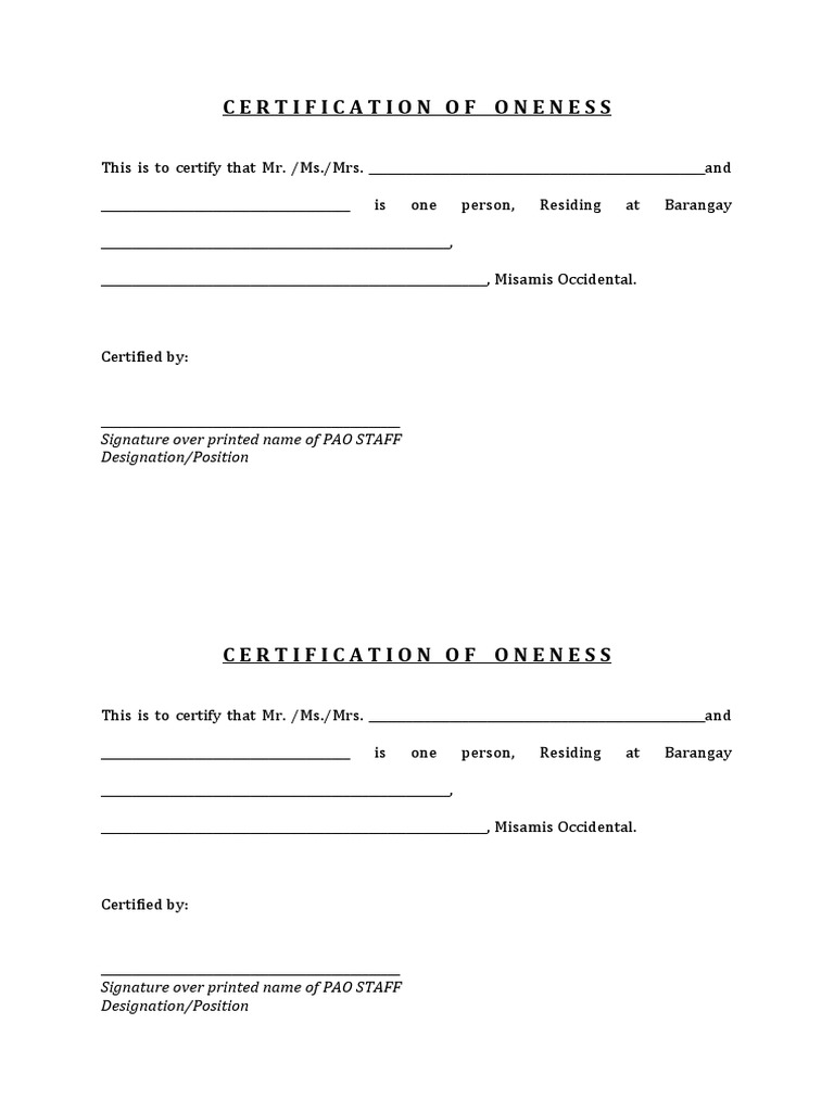 Certification of Oneness: Signature Over Printed Name of PAO STAFF ...