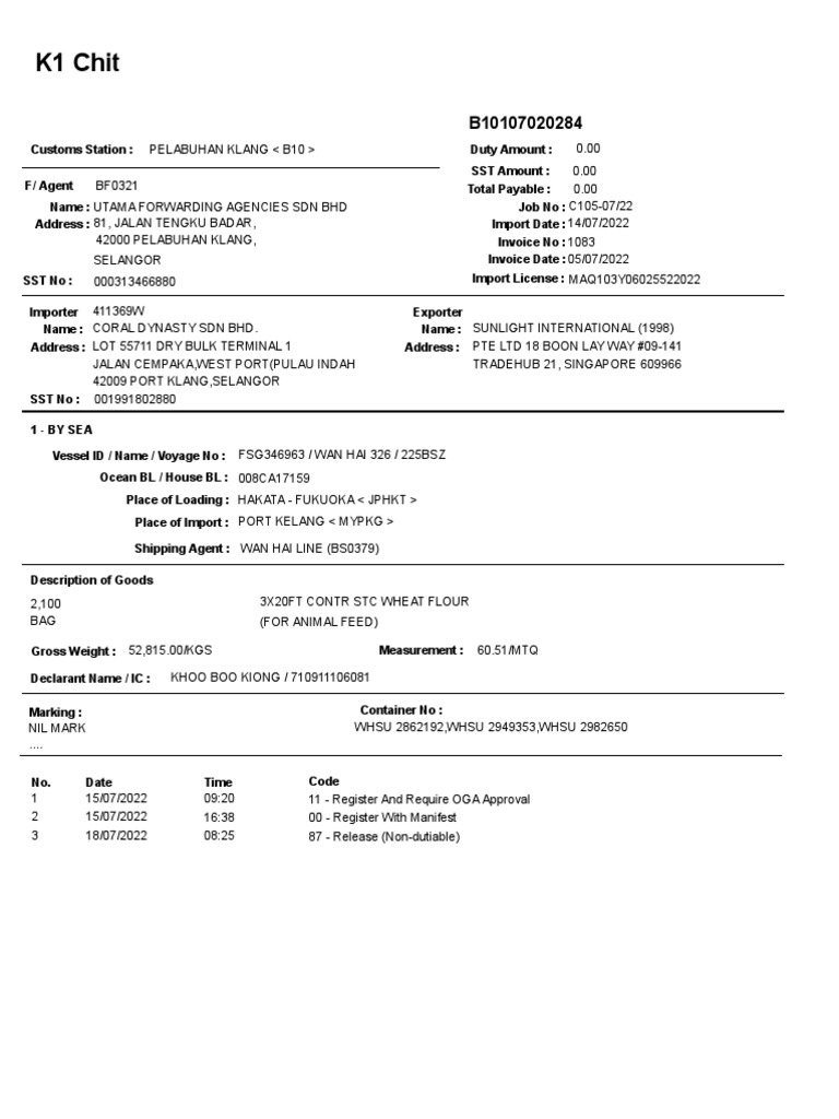 K1 Chit Document for Customs Malaysia | PDF | Freight Transport | Transport