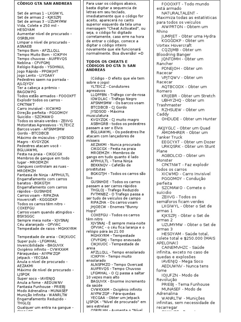 Código Gta San Andreas PDF Carro Tráfego