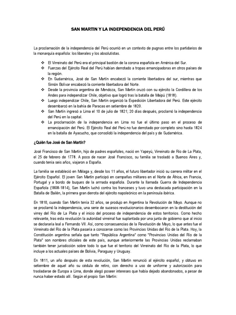 San Martín y la Independencia del Perú | PDF | Perú | Militar