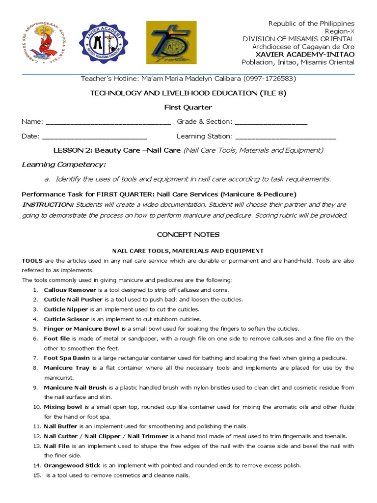 1st Quarter LESSON 2 BEAUTY CARE (NAIL CARE) Grade 8 PDF Nail