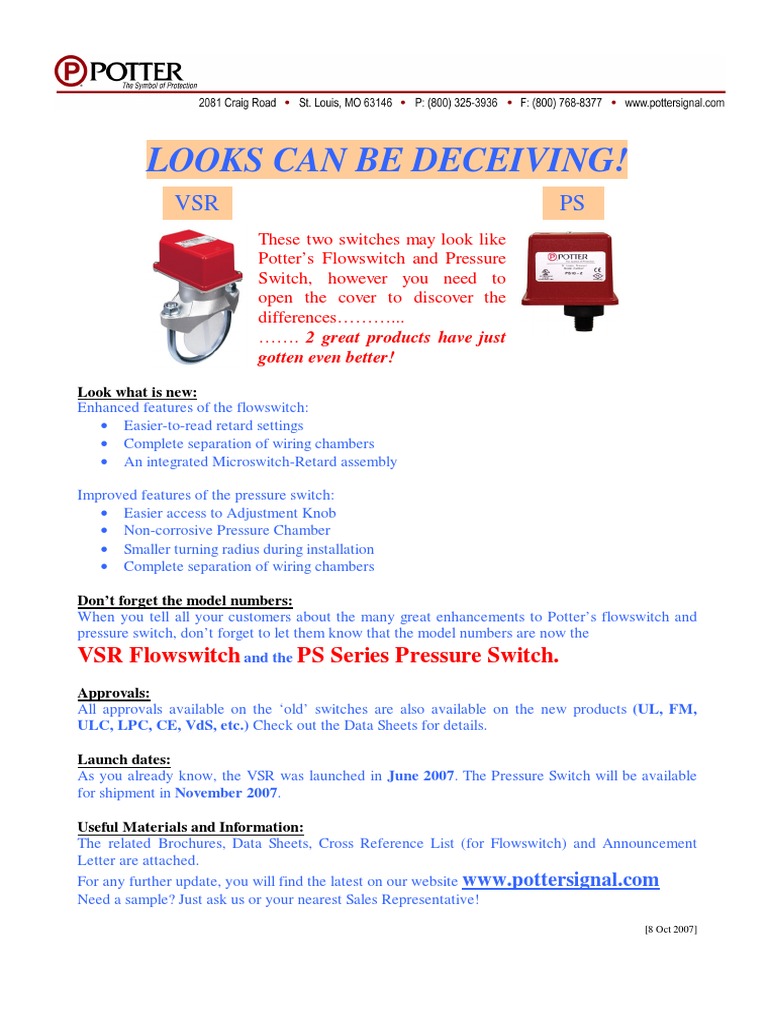 Enhanced Potter VSR & PS Switches | PDF | Pipe (Fluid Conveyance) | Switch
