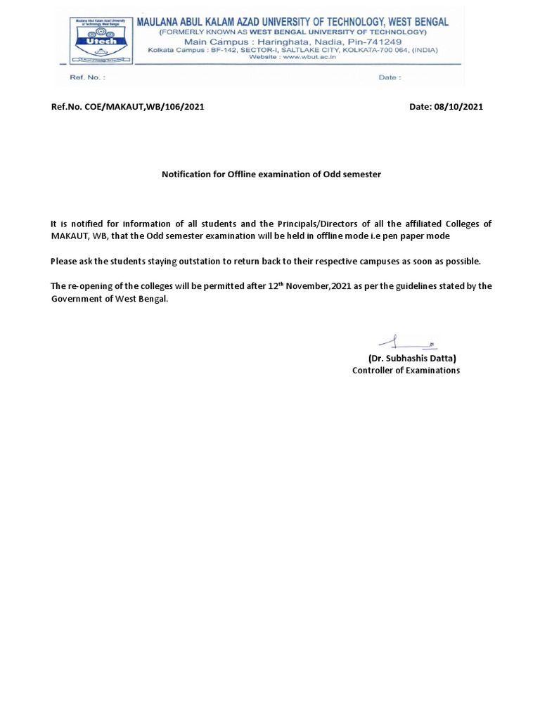 MAKAUT Odd Semester Exam Notification | PDF