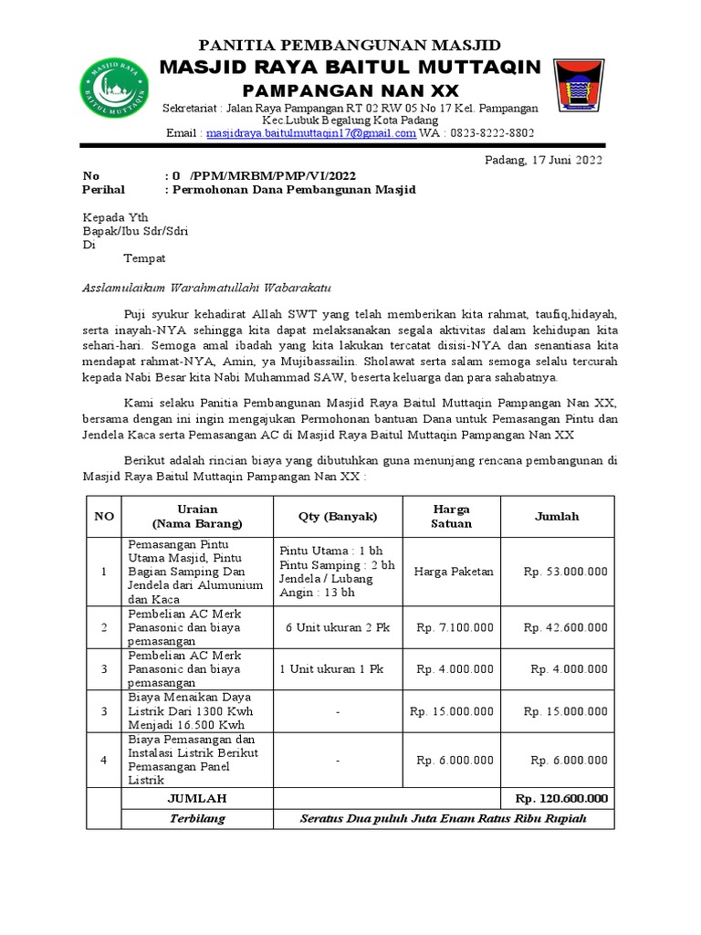 Proposal Dana Pembangunan Masjid | PDF