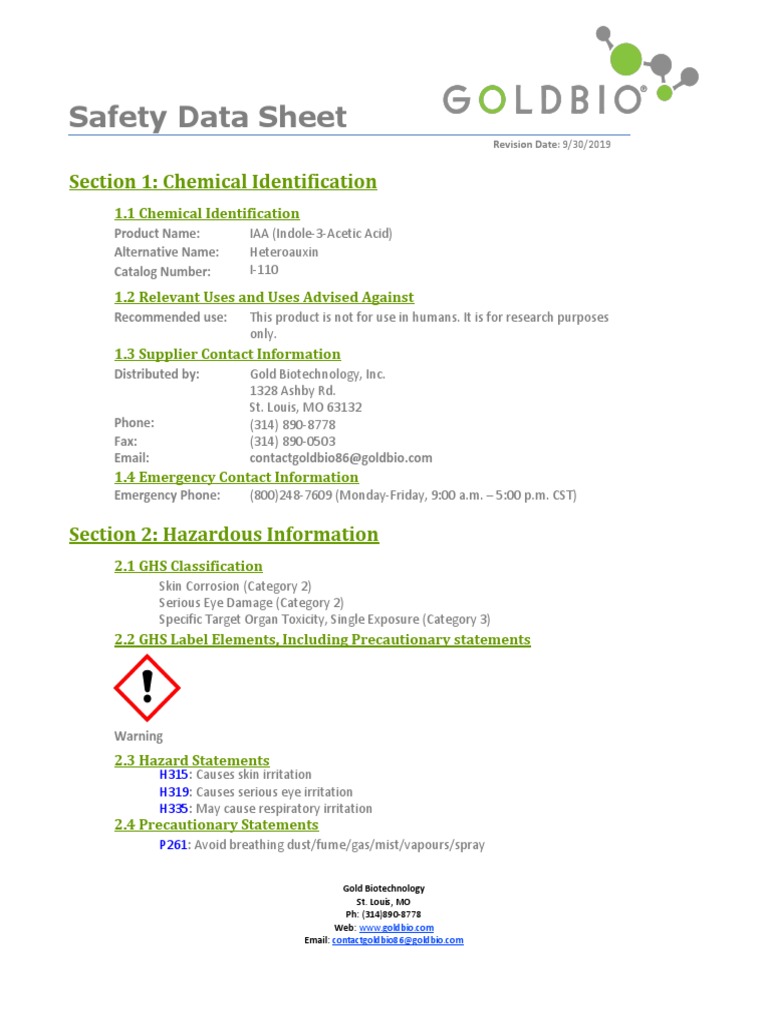 Safety Data Sheet for IAA (Indole3Acetic Acid) Hazards, Protective