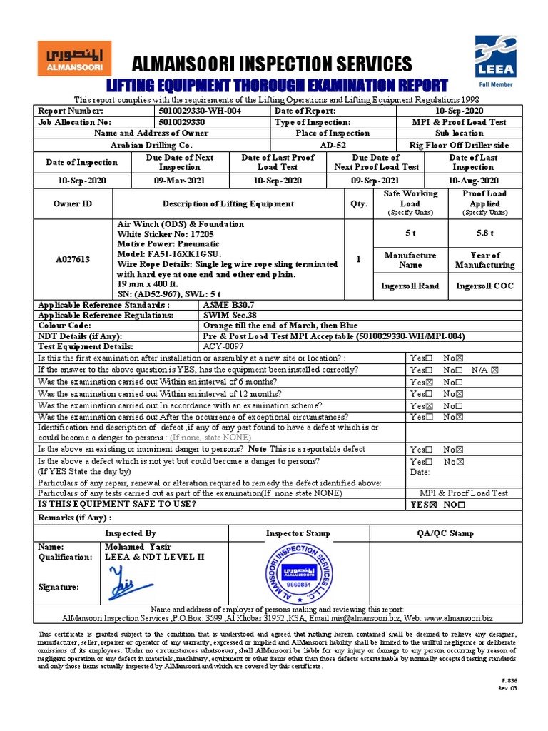 Almansoori Inspection Services Lifting Equipment Thorough Examination