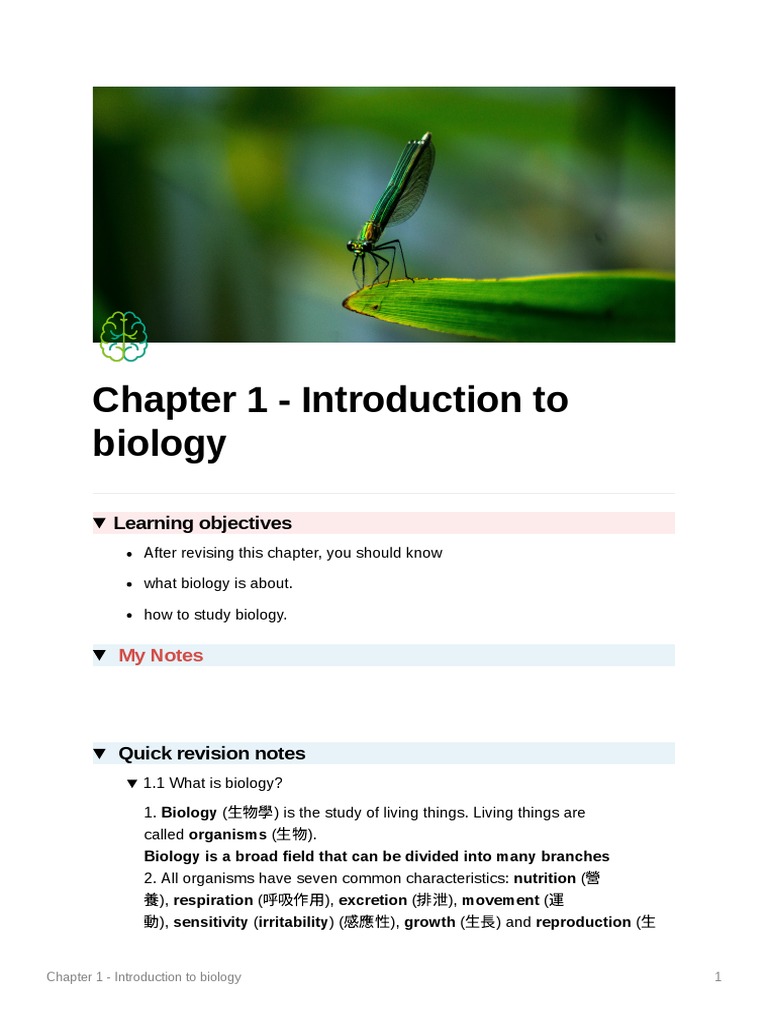 Chapter 1 - Introduction To Biology: Learning Objectives | PDF ...