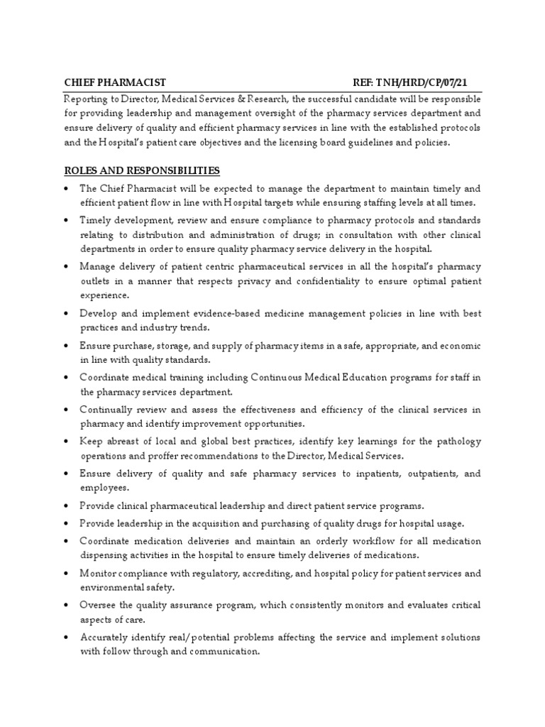 Chief Pharmacist Job Description Roles, Responsibilities, and