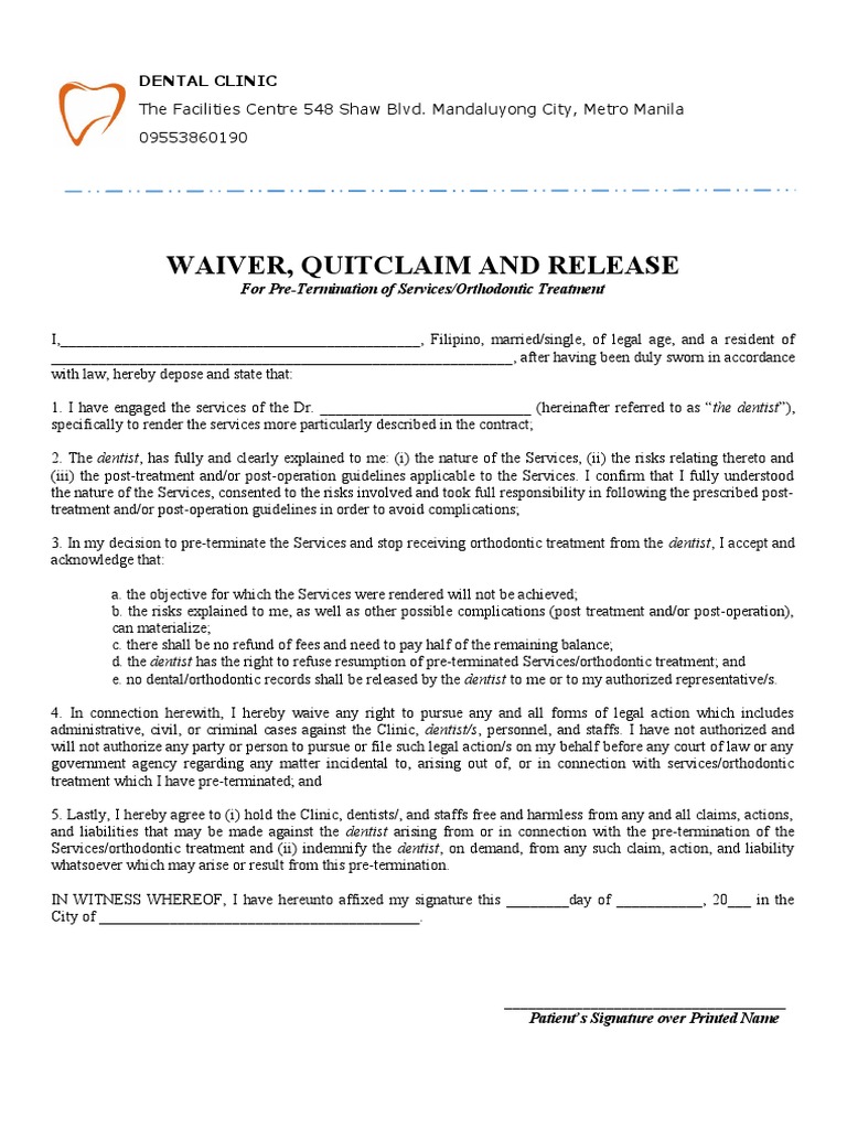 SAMPLE Pre Termination Contract PDF Dentist Orthodontics