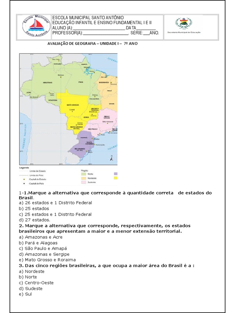 Prova Geo 7 Ano Regionalizaçao Do Brasil | PDF | Brasil | América do Sul