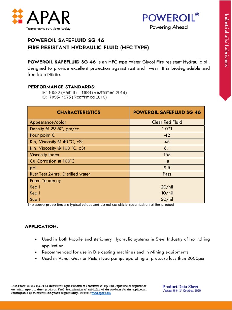 Poweroil Safefluid SG 46 Fire Resistant Hydraulic Fluid (HFC Type) PDF Viscosity Chemistry