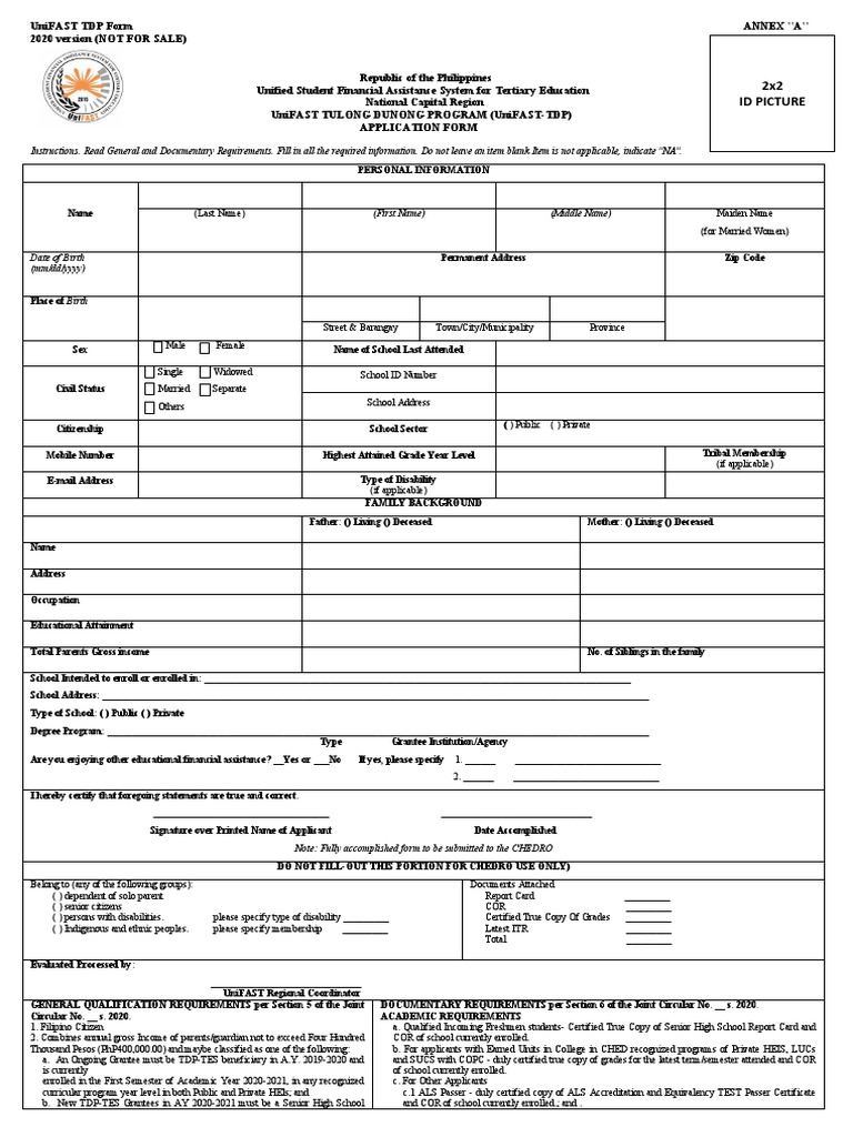 UniFAST TDP Form ANNEX A | PDF