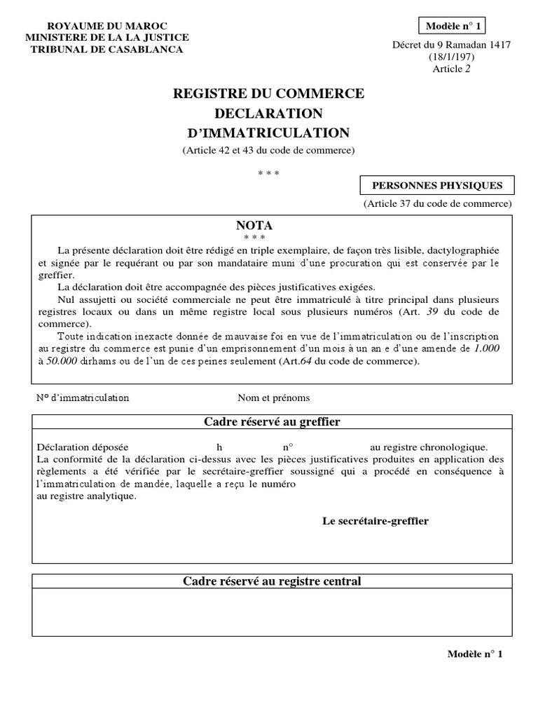Déclaration d'immatriculation RC Maroc | PDF | Justice | Crime et violence