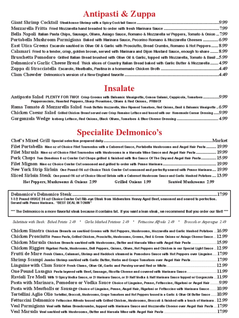 Delmonico's Menu Highlights | PDF | Salad | Pasta