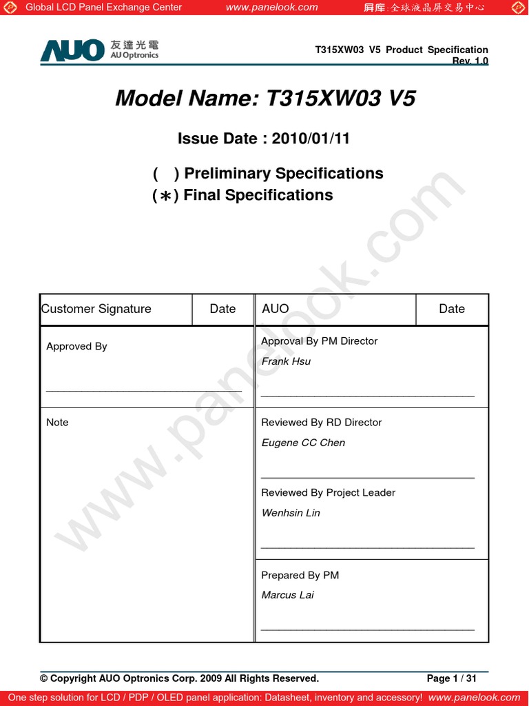 T315XW03 V5 Auo | PDF | Thin Film Transistor Liquid Crystal Display ...