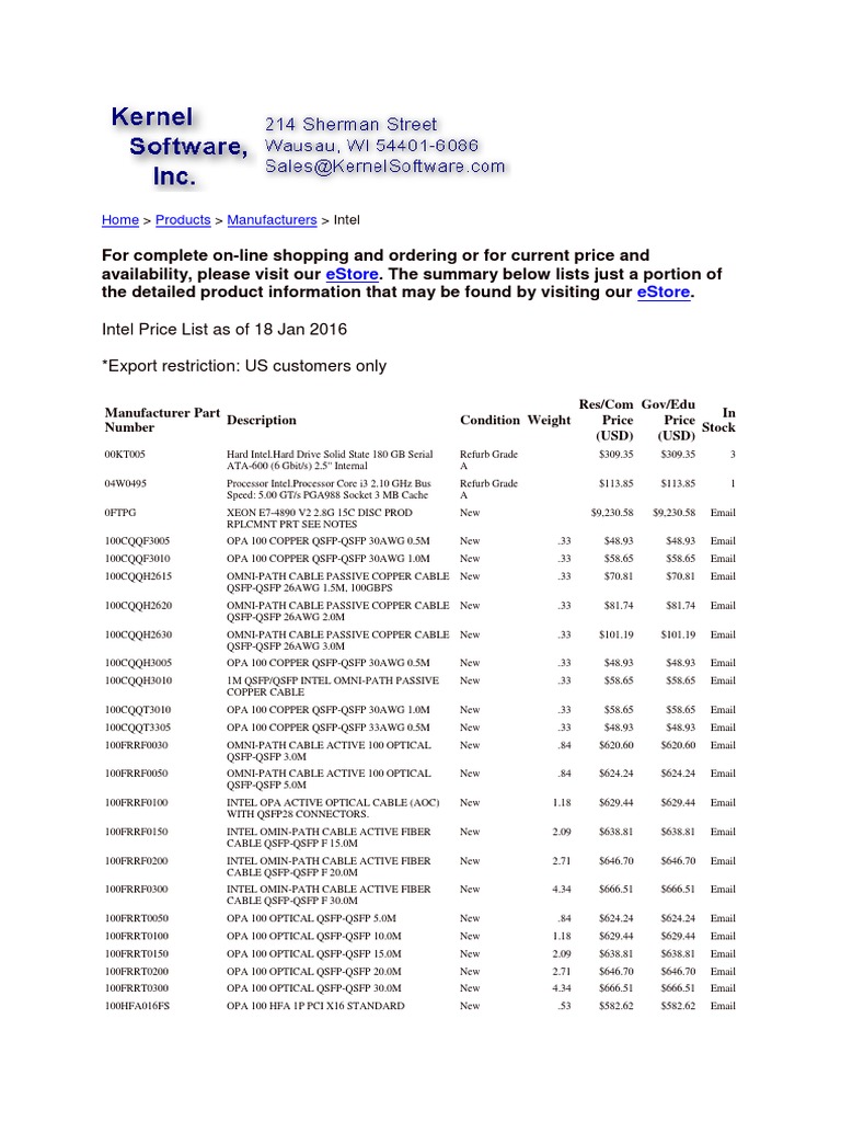 Intel Price List As of 18 Jan 2016 Export Restriction: US